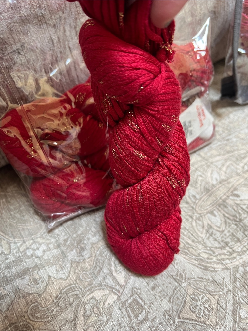 Festive Red Metallic Accent Yarn Skein